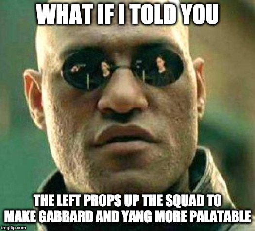 What if i told you | WHAT IF I TOLD YOU; THE LEFT PROPS UP THE SQUAD TO MAKE GABBARD AND YANG MORE PALATABLE | image tagged in what if i told you | made w/ Imgflip meme maker