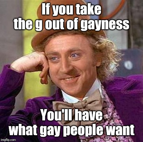 Creepy Condescending Wonka Meme | If you take the g out of gayness; You'll have what gay people want | image tagged in memes,creepy condescending wonka | made w/ Imgflip meme maker