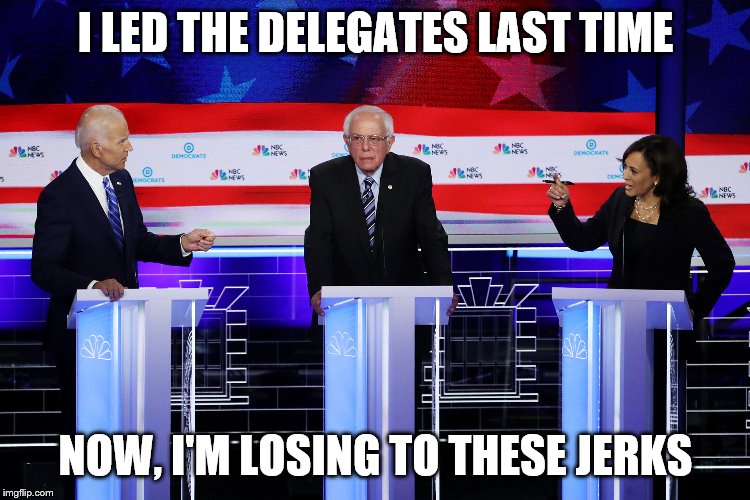 Democratic debate | I LED THE DELEGATES LAST TIME; NOW, I'M LOSING TO THESE JERKS | image tagged in democratic debate | made w/ Imgflip meme maker