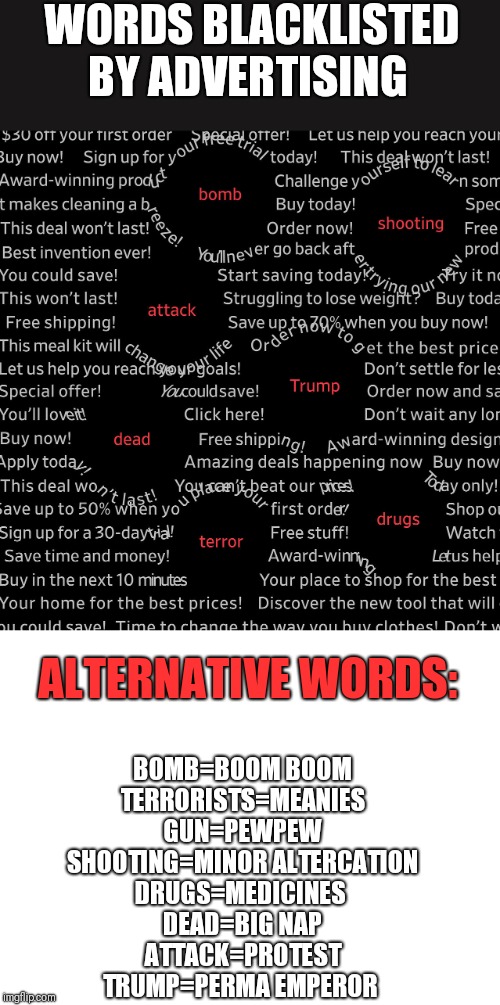 WORDS BLACKLISTED BY ADVERTISING; ALTERNATIVE WORDS:; BOMB=BOOM BOOM
TERRORISTS=MEANIES
GUN=PEWPEW
SHOOTING=MINOR ALTERCATION
DRUGS=MEDICINES 
DEAD=BIG NAP
ATTACK=PROTEST
TRUMP=PERMA EMPEROR | image tagged in blank white template | made w/ Imgflip meme maker