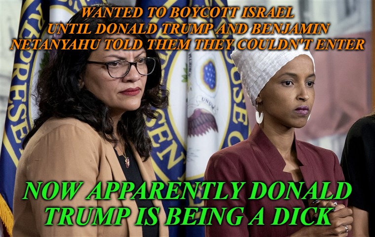 Donald Trump just made your "boycott" easier, you hypocritical c@%ts. | WANTED TO BOYCOTT ISRAEL UNTIL DONALD TRUMP AND BENJAMIN NETANYAHU TOLD THEM THEY COULDN'T ENTER; NOW APPARENTLY DONALD TRUMP IS BEING A DICK | image tagged in memes,ilhan omar,rashida tlaib,donald trump,benjamin netanyahu,israel | made w/ Imgflip meme maker