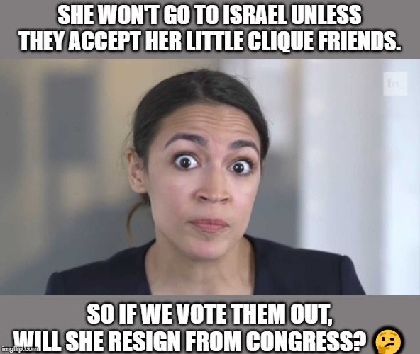 Long shot, but worth testing. | SHE WON'T GO TO ISRAEL UNLESS THEY ACCEPT HER LITTLE CLIQUE FRIENDS. SO IF WE VOTE THEM OUT, WILL SHE RESIGN FROM CONGRESS? 🤔 | image tagged in politics,memes,funny,question,aoc,squad | made w/ Imgflip meme maker