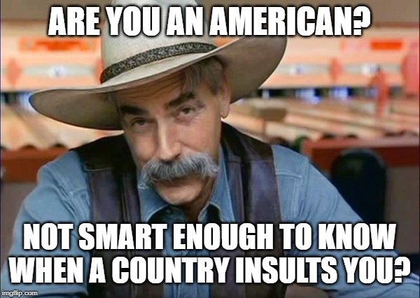 Sam Elliott special kind of stupid | ARE YOU AN AMERICAN? NOT SMART ENOUGH TO KNOW WHEN A COUNTRY INSULTS YOU? | image tagged in sam elliott special kind of stupid | made w/ Imgflip meme maker
