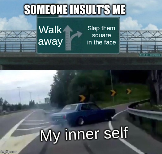 Left Exit 12 Off Ramp | SOMEONE INSULT'S ME; Walk away; Slap them square in the face; My inner self | image tagged in memes,left exit 12 off ramp | made w/ Imgflip meme maker