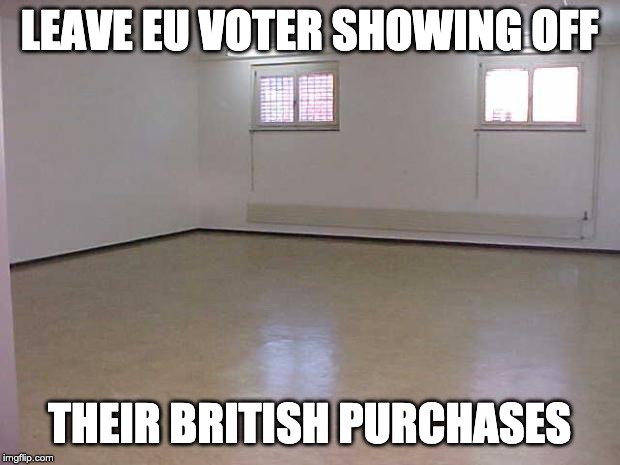 Buy British | LEAVE EU VOTER SHOWING OFF; THEIR BRITISH PURCHASES | image tagged in empty room,brexit,leave eu,winning | made w/ Imgflip meme maker