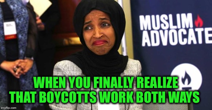 The Laws of Unintended Consequences always catch up to them | WHEN YOU FINALLY REALIZE THAT BOYCOTTS WORK BOTH WAYS | image tagged in ilhan omar,tlaib,israel,boycott,bds | made w/ Imgflip meme maker