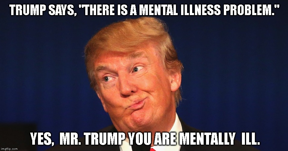 Over One Thousand Mental Health Professionals Say Trump Should Be Removed From Office | TRUMP SAYS, "THERE IS A MENTAL ILLNESS PROBLEM."; YES,  MR. TRUMP YOU ARE MENTALLY  ILL. | image tagged in pathological liar,delusional,megalomaniac,malignant narcissist,psychopath,racist | made w/ Imgflip meme maker