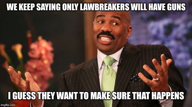 WE KEEP SAYING ONLY LAWBREAKERS WILL HAVE GUNS I GUESS THEY WANT TO MAKE SURE THAT HAPPENS | image tagged in memes,steve harvey | made w/ Imgflip meme maker