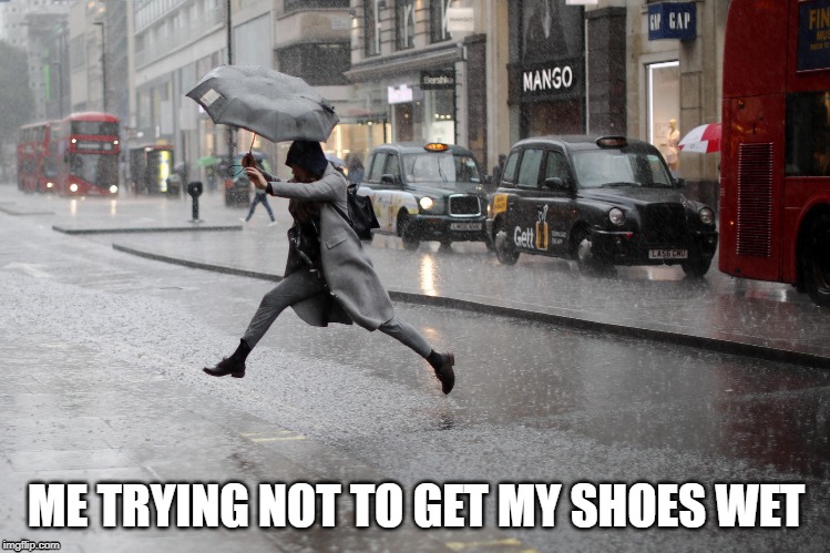 wet shoes in summer are the worst | ME TRYING NOT TO GET MY SHOES WET | image tagged in fun,rain,london | made w/ Imgflip meme maker