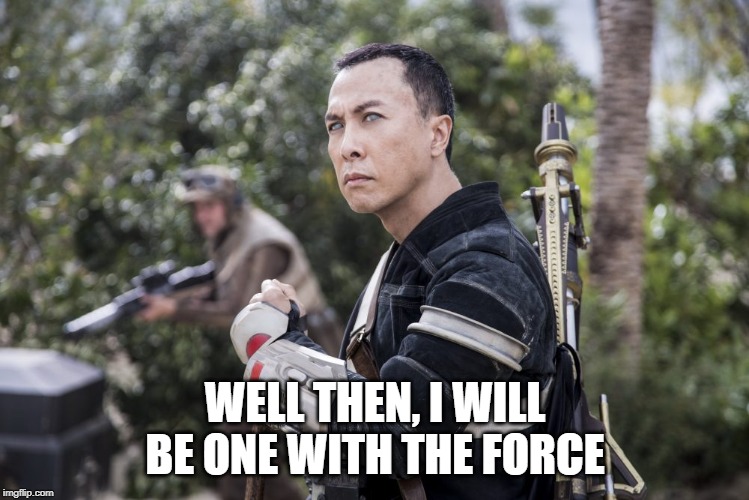 Star Wars Rogue One Chirrut Îmwe Donny Yen | WELL THEN, I WILL BE ONE WITH THE FORCE | image tagged in star wars rogue one chirrut mwe donny yen | made w/ Imgflip meme maker