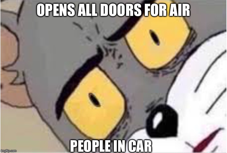 Confused Tom meme | OPENS ALL DOORS FOR AIR; PEOPLE IN CAR | image tagged in confused tom meme | made w/ Imgflip meme maker
