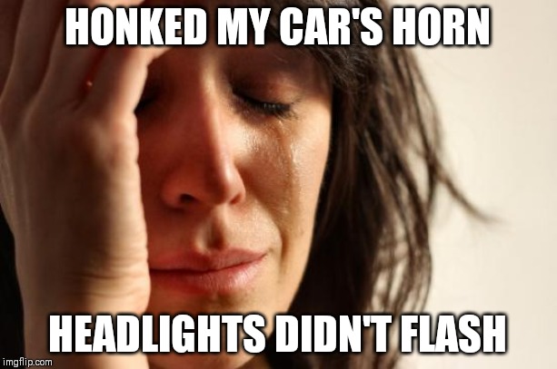 First World Problems Meme | HONKED MY CAR'S HORN; HEADLIGHTS DIDN'T FLASH | image tagged in memes,first world problems | made w/ Imgflip meme maker