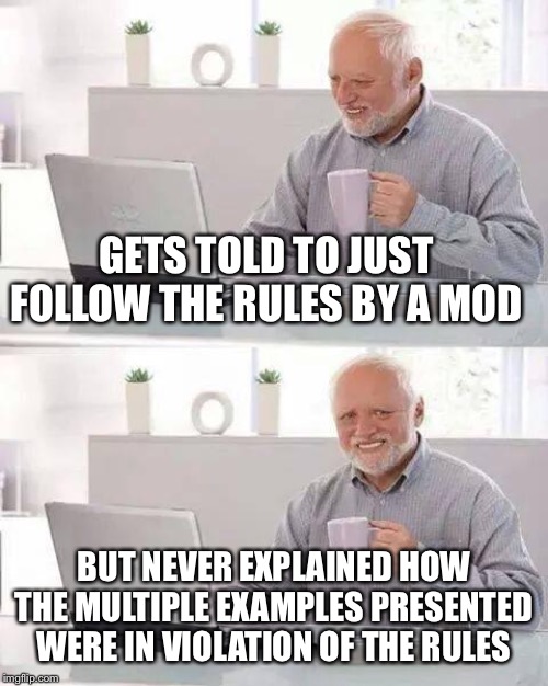 It would really help to understand your interpretation of the rules if you were to explain how certain memes were in violation | GETS TOLD TO JUST FOLLOW THE RULES BY A MOD; BUT NEVER EXPLAINED HOW THE MULTIPLE EXAMPLES PRESENTED WERE IN VIOLATION OF THE RULES | image tagged in memes,hide the pain harold | made w/ Imgflip meme maker