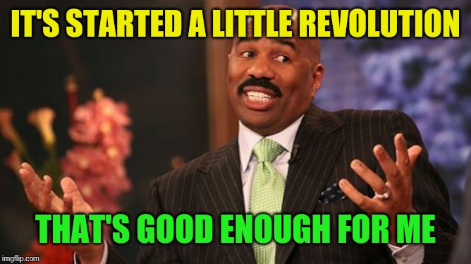 IT'S STARTED A LITTLE REVOLUTION THAT'S GOOD ENOUGH FOR ME | image tagged in memes,steve harvey | made w/ Imgflip meme maker