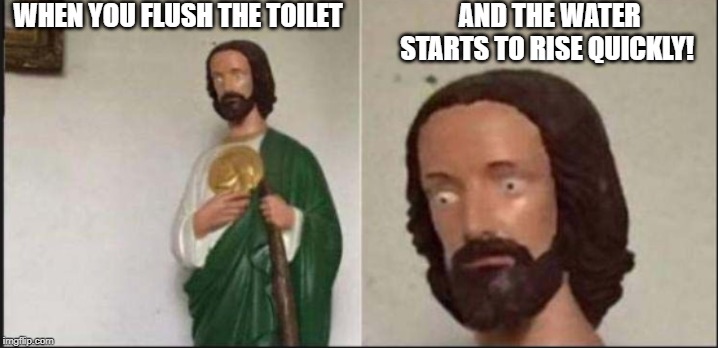 Wide eyed jesus | WHEN YOU FLUSH THE TOILET; AND THE WATER STARTS TO RISE QUICKLY! | image tagged in wide eyed jesus | made w/ Imgflip meme maker