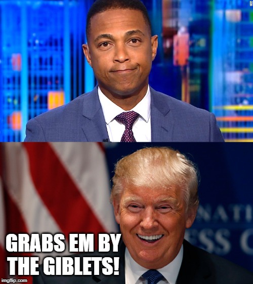 GRABS EM BY THE GIBLETS! | image tagged in laughing donald trump,don lemon,political meme | made w/ Imgflip meme maker