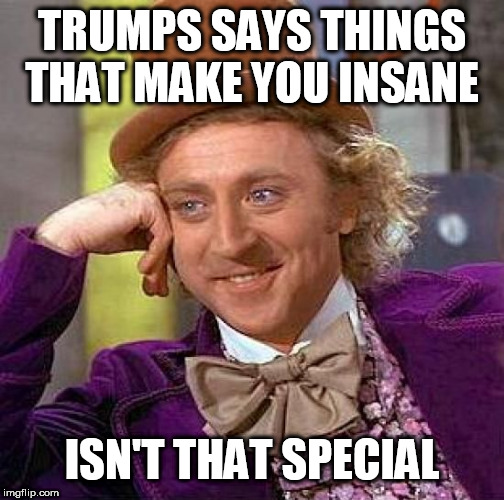 Creepy Condescending Wonka Meme | TRUMPS SAYS THINGS THAT MAKE YOU INSANE; ISN'T THAT SPECIAL | image tagged in memes,creepy condescending wonka | made w/ Imgflip meme maker