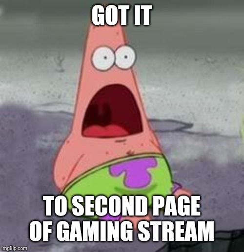 Suprised Patrick | GOT IT TO SECOND PAGE OF GAMING STREAM | image tagged in suprised patrick | made w/ Imgflip meme maker