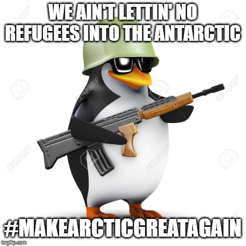 Armed Penguin | WE AIN'T LETTIN' NO REFUGEES INTO THE ANTARCTIC #MAKEARCTICGREATAGAIN | image tagged in armed penguin | made w/ Imgflip meme maker