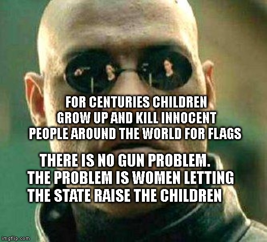 What if i told you | FOR CENTURIES CHILDREN GROW UP AND KILL INNOCENT PEOPLE AROUND THE WORLD FOR FLAGS; THERE IS NO GUN PROBLEM.     THE PROBLEM IS WOMEN LETTING THE STATE RAISE THE CHILDREN | image tagged in what if i told you | made w/ Imgflip meme maker