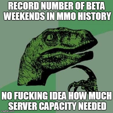 Philosoraptor Meme | RECORD NUMBER OF BETA WEEKENDS IN MMO HISTORY NO F**KING IDEA HOW MUCH SERVER CAPACITY NEEDED | image tagged in memes,philosoraptor | made w/ Imgflip meme maker