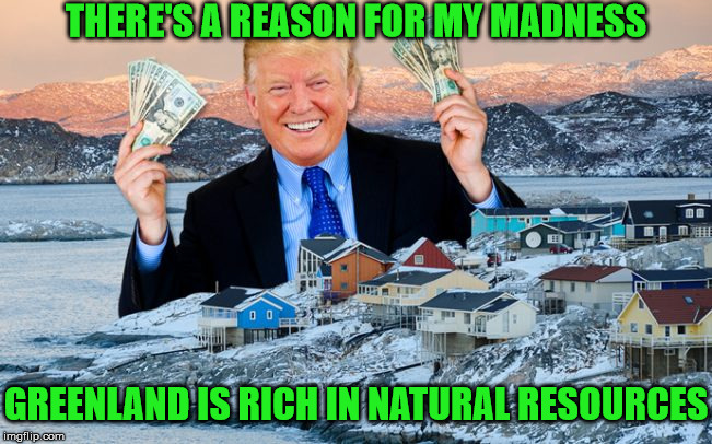 Trumps Greenland New Deal | THERE'S A REASON FOR MY MADNESS; GREENLAND IS RICH IN NATURAL RESOURCES | image tagged in donald trump,greenland,memes,let's make a deal trump,madness,rich | made w/ Imgflip meme maker