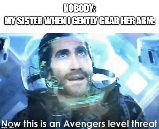 Now this is an Avengers level threat | NOBODY:; MY SISTER WHEN I GENTLY GRAB HER ARM: | image tagged in now this is an avengers level threat | made w/ Imgflip meme maker