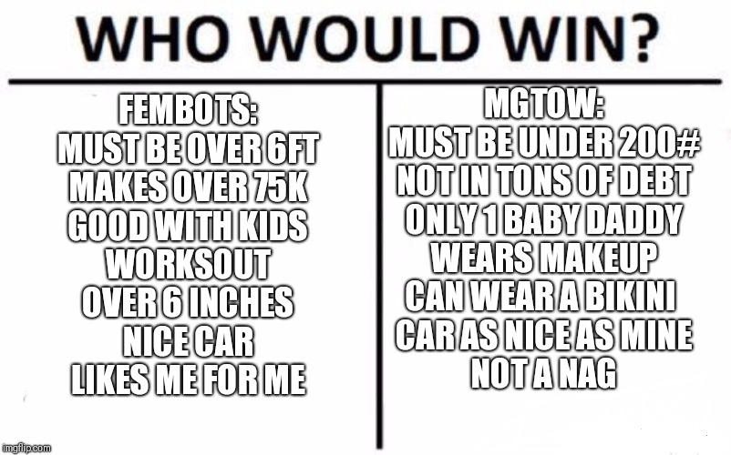 Who Would Win? | MGTOW:
MUST BE UNDER 200#
NOT IN TONS OF DEBT
ONLY 1 BABY DADDY
WEARS MAKEUP
CAN WEAR A BIKINI 
CAR AS NICE AS MINE
NOT A NAG; FEMBOTS:
MUST BE OVER 6FT
MAKES OVER 75K
GOOD WITH KIDS
WORKSOUT
OVER 6 INCHES
NICE CAR
LIKES ME FOR ME | image tagged in memes,who would win | made w/ Imgflip meme maker