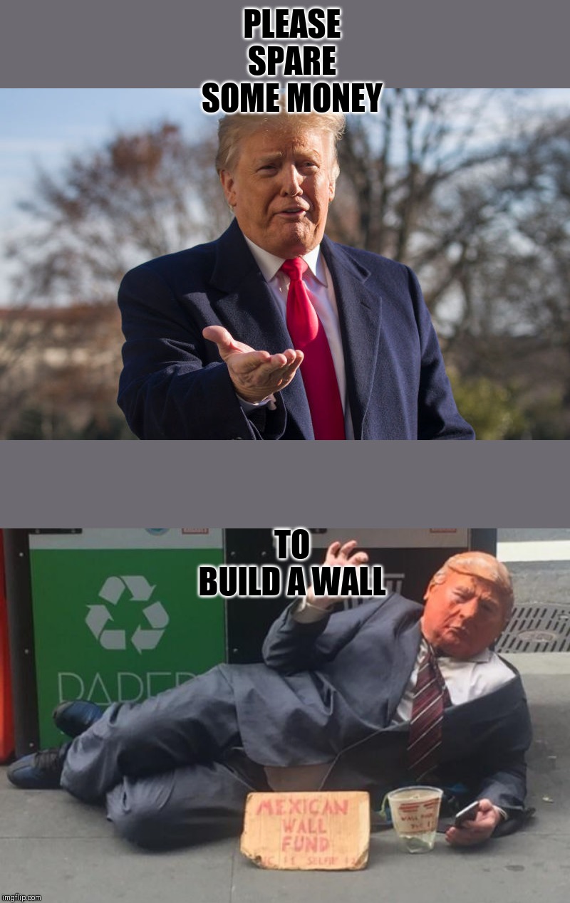 Trump Panhadling to build a wall | PLEASE SPARE SOME MONEY; TO BUILD A WALL | image tagged in donald trump,funny memes,gifs,jokes,viral | made w/ Imgflip meme maker