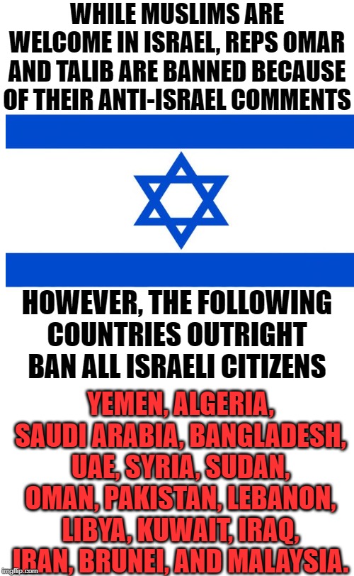 The real Muslim ban. | WHILE MUSLIMS ARE WELCOME IN ISRAEL, REPS OMAR AND TALIB ARE BANNED BECAUSE OF THEIR ANTI-ISRAEL COMMENTS; HOWEVER, THE FOLLOWING COUNTRIES OUTRIGHT BAN ALL ISRAELI CITIZENS; YEMEN, ALGERIA, SAUDI ARABIA, BANGLADESH, UAE, SYRIA, SUDAN, OMAN, PAKISTAN, LEBANON, LIBYA, KUWAIT, IRAQ, IRAN, BRUNEI, AND MALAYSIA. | image tagged in plain white tall | made w/ Imgflip meme maker