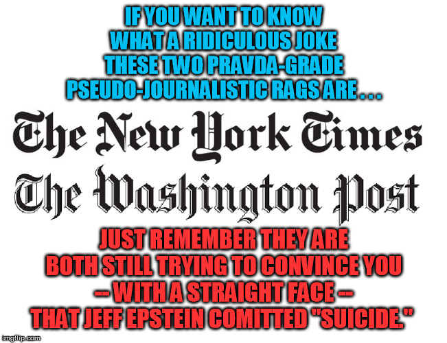 The NYT (with racist Sarah Jeong still on the board) and the WaPo:   Full edition funnies pages :-/ | IF YOU WANT TO KNOW WHAT A RIDICULOUS JOKE THESE TWO PRAVDA-GRADE PSEUDO-JOURNALISTIC RAGS ARE . . . JUST REMEMBER THEY ARE BOTH STILL TRYING TO CONVINCE YOU -- WITH A STRAIGHT FACE -- THAT JEFF EPSTEIN COMITTED "SUICIDE." | image tagged in new york times,washington post,fake news,jeffrey epstein,liberal media,new world order | made w/ Imgflip meme maker