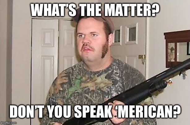 Redneck wonder | WHAT’S THE MATTER? DON’T YOU SPEAK ‘MERICAN? | image tagged in redneck wonder | made w/ Imgflip meme maker