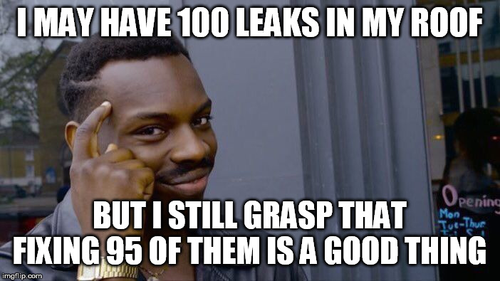 Roll Safe Think About It Meme | I MAY HAVE 100 LEAKS IN MY ROOF BUT I STILL GRASP THAT FIXING 95 OF THEM IS A GOOD THING | image tagged in memes,roll safe think about it | made w/ Imgflip meme maker