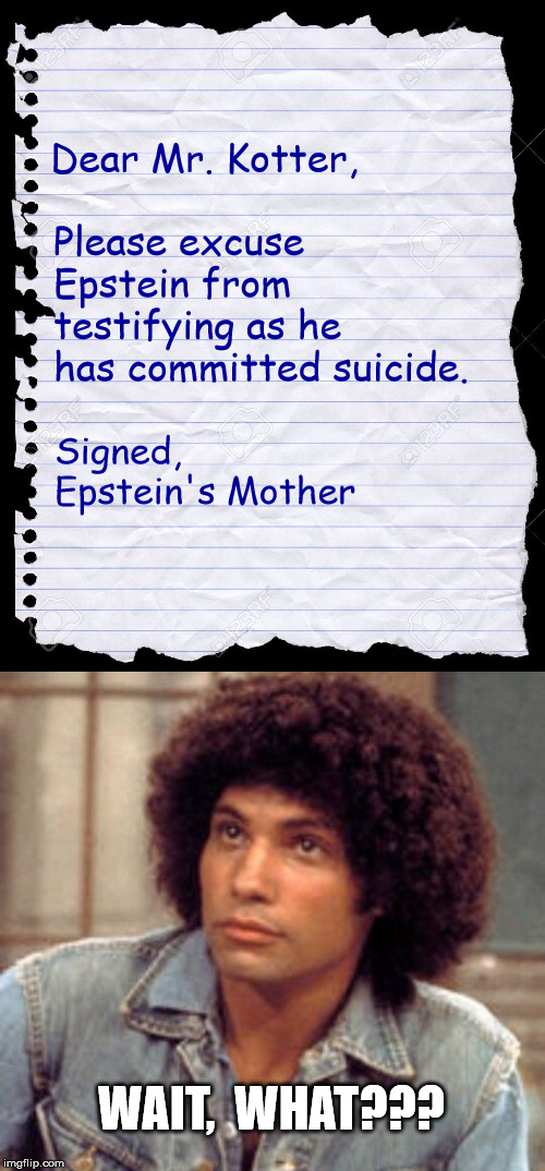 Your dreams were your ticket out?  (very few will get this one) | Please excuse Epstein from testifying as he has committed suicide. Dear Mr. Kotter, Signed,
Epstein's Mother; WAIT,  WHAT??? | image tagged in blank paper,jeffrey epstein,suicide,death note | made w/ Imgflip meme maker
