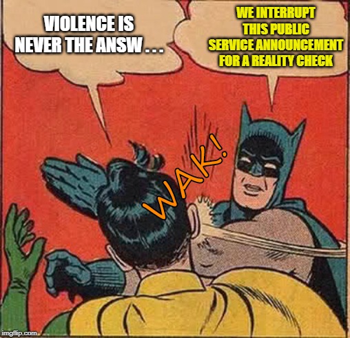 Batman is all business | VIOLENCE IS NEVER THE ANSW . . . WE INTERRUPT
THIS PUBLIC
SERVICE ANNOUNCEMENT
FOR A REALITY CHECK; WAK! | image tagged in memes,batman slapping robin,violence is never the answer,reality check | made w/ Imgflip meme maker