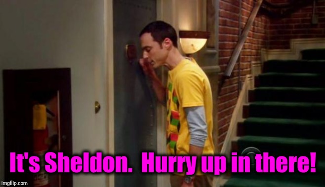 Sheldon Knocking | It's Sheldon.  Hurry up in there! | image tagged in sheldon knocking | made w/ Imgflip meme maker