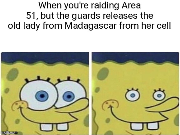 Can't Find a Good Title for This Area 51 Meme | When you're raiding Area 51, but the guards releases the old lady from Madagascar from her cell | image tagged in memes,area 51,spongebob,madagascar | made w/ Imgflip meme maker