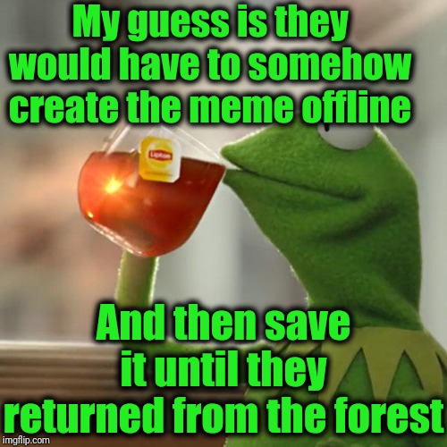 But That's None Of My Business Meme | My guess is they would have to somehow create the meme offline And then save it until they returned from the forest | image tagged in memes,but thats none of my business,kermit the frog | made w/ Imgflip meme maker