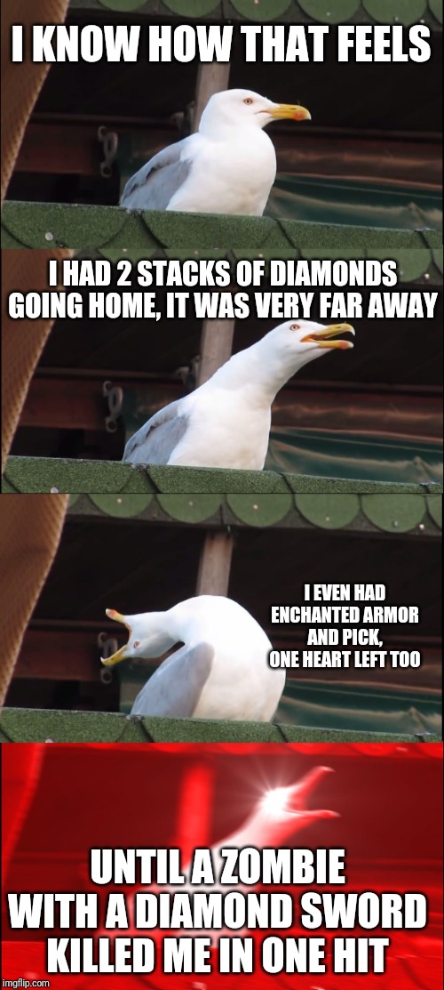 Inhaling Seagull Meme | I KNOW HOW THAT FEELS I HAD 2 STACKS OF DIAMONDS GOING HOME, IT WAS VERY FAR AWAY I EVEN HAD ENCHANTED ARMOR AND PICK, ONE HEART LEFT TOO UN | image tagged in memes,inhaling seagull | made w/ Imgflip meme maker