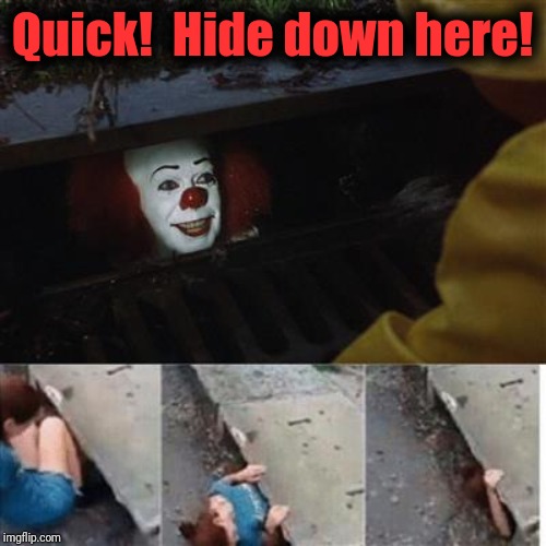 pennywise in sewer | Quick!  Hide down here! | image tagged in pennywise in sewer | made w/ Imgflip meme maker