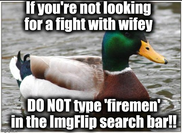 I mean when you're replying to someone | If you're not looking for a fight with wifey; DO NOT type 'firemen' in the ImgFlip search bar!! | image tagged in memes,actual advice mallard | made w/ Imgflip meme maker