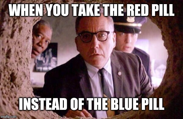 Shawshank redemption |  WHEN YOU TAKE THE RED PILL; INSTEAD OF THE BLUE PILL | image tagged in shawshank redemption | made w/ Imgflip meme maker