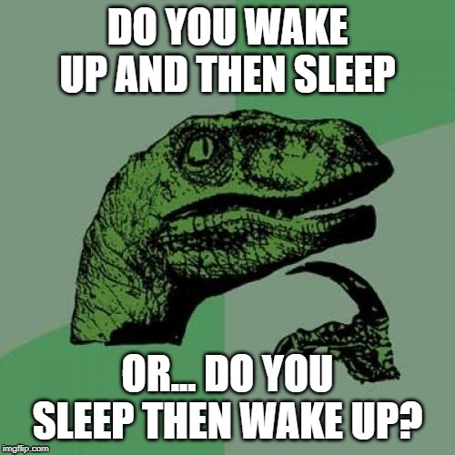 Philosoraptor | DO YOU WAKE UP AND THEN SLEEP; OR... DO YOU SLEEP THEN WAKE UP? | image tagged in memes,philosoraptor | made w/ Imgflip meme maker