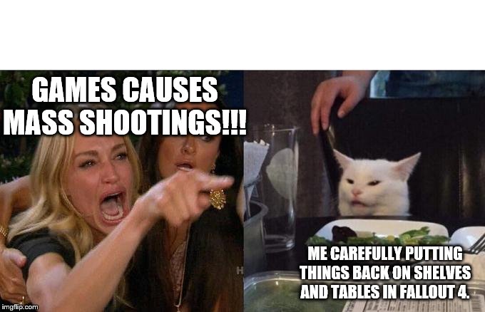 Woman yelling at a cat | GAMES CAUSES MASS SHOOTINGS!!! ME CAREFULLY PUTTING THINGS BACK ON SHELVES AND TABLES IN FALLOUT 4. | image tagged in woman yelling at a cat | made w/ Imgflip meme maker