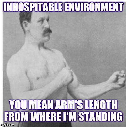 Overly Manly Man Meme | INHOSPITABLE ENVIRONMENT; YOU MEAN ARM'S LENGTH FROM WHERE I'M STANDING | image tagged in memes,overly manly man | made w/ Imgflip meme maker