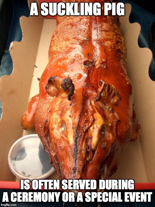 Suckling Pig | A SUCKLING PIG; IS OFTEN SERVED DURING A CEREMONY OR A SPECIAL EVENT | image tagged in roast,pork,memes,food | made w/ Imgflip meme maker