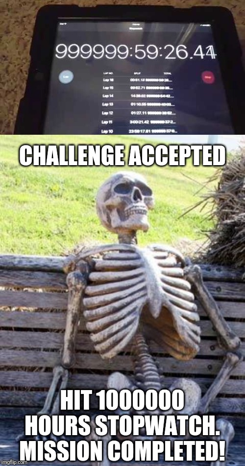 CHALLENGE ACCEPTED; HIT 1000000 HOURS STOPWATCH. MISSION COMPLETED! | image tagged in memes,waiting skeleton,challenge accepted,funny,funny memes | made w/ Imgflip meme maker