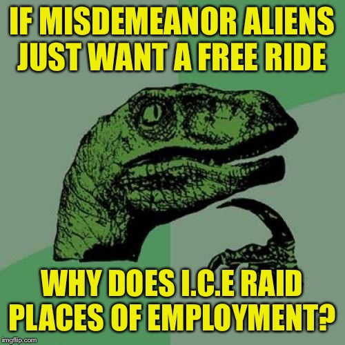 Philosoraptor | IF MISDEMEANOR ALIENS JUST WANT A FREE RIDE; WHY DOES I.C.E RAID PLACES OF EMPLOYMENT? | image tagged in memes,philosoraptor | made w/ Imgflip meme maker