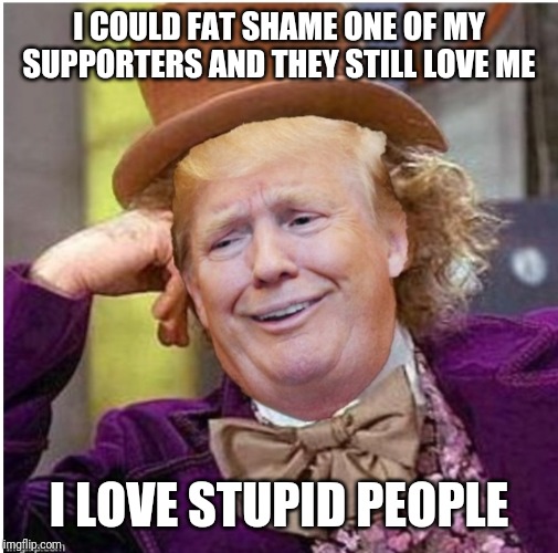 Wonka Trump | I COULD FAT SHAME ONE OF MY SUPPORTERS AND THEY STILL LOVE ME; I LOVE STUPID PEOPLE | image tagged in wonka trump | made w/ Imgflip meme maker
