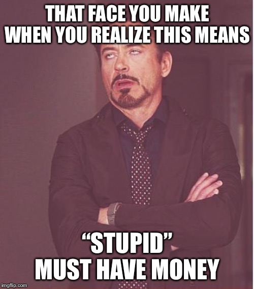 Face You Make Robert Downey Jr Meme | THAT FACE YOU MAKE WHEN YOU REALIZE THIS MEANS “STUPID” MUST HAVE MONEY | image tagged in memes,face you make robert downey jr | made w/ Imgflip meme maker